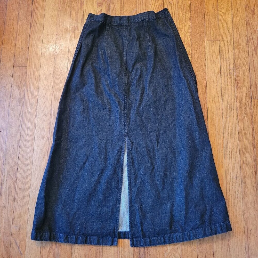 Roamans 8 Black Denim Long A Line Skirt Cotton Maxi Modest‎ Front Slit